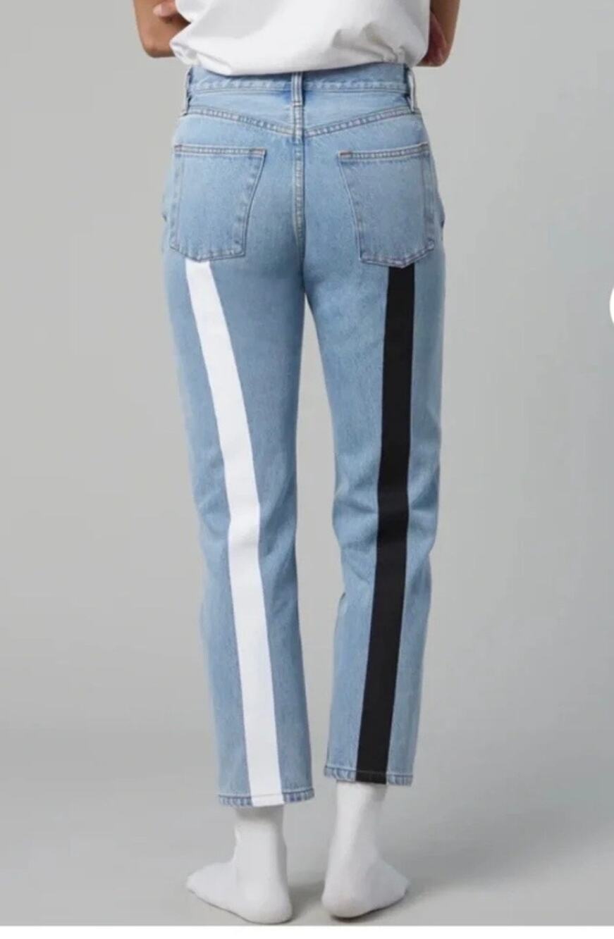 STILL HERE Tate jeans Sz. 26 black & white stripes vintage blue street wear - Picture 1 of 9